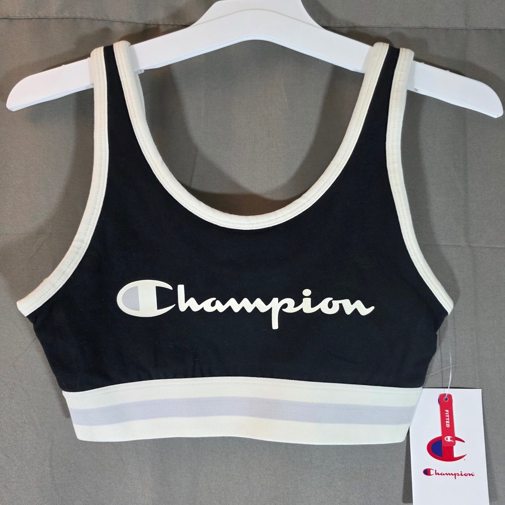 Champion Iconic‎ Bra Top XS Black White Logo Sports Bra CPW253BR01001 NEW